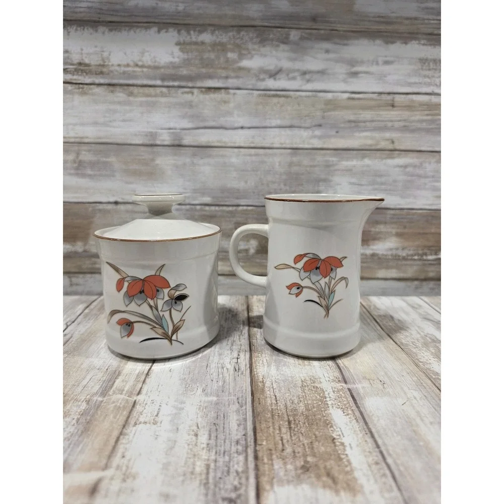 Royal Prestige‎ Genuine Stoneware Cream and Sugar Set Floral Japan White Orange